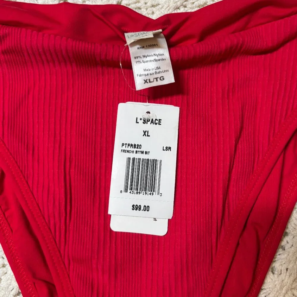 NWT L*Space Frenchi Bikini Bottom Red Ribbed High Waist‎ Swimwear – Women’s XL